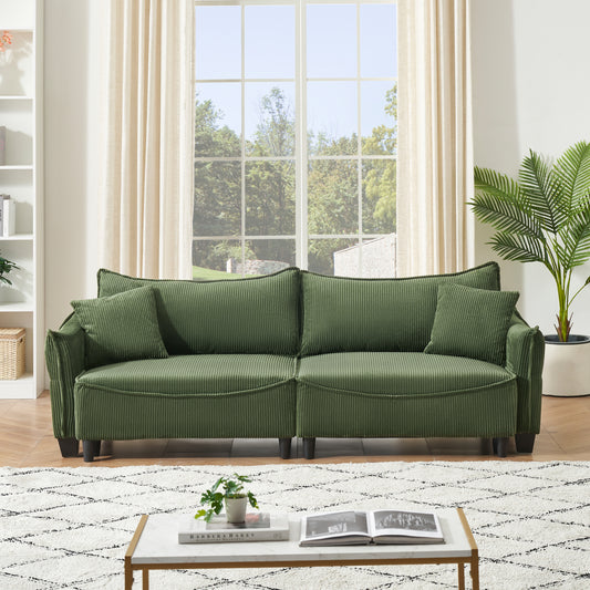 [SantaChoice] Sofa Showcasing Green Corduroy Fabric, Transformable into Sofa Bed with Two Throw Pillows: Ideal for Living Rooms & Diverse Scenes