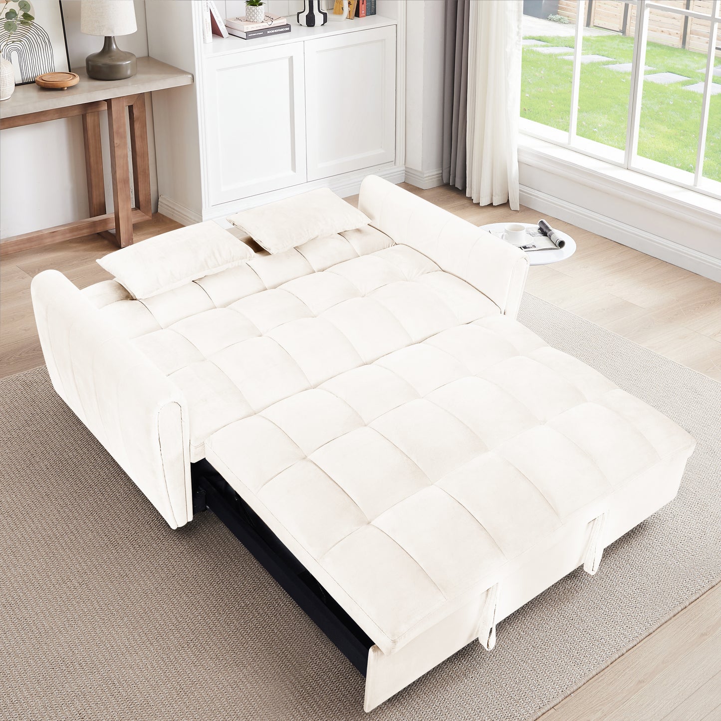 [SantaChoice] 64.9"3-in-1 foldable large size sofa bed, modern velvet double sofa, sofa bed with adjustable back, storage bag and pillow, suitable for living room, bedroom (beige)