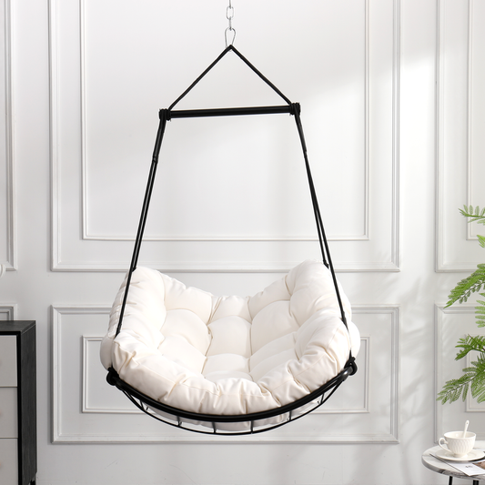 Hammock Chair Swing with Cushion - Outdoor Indoor Hanging Hammock Chair for Patio, Porch, Bedroom, Garden, Courtyard, Balcony - Sturdy Steel Bar with Anti-Slip Safety Rings, white