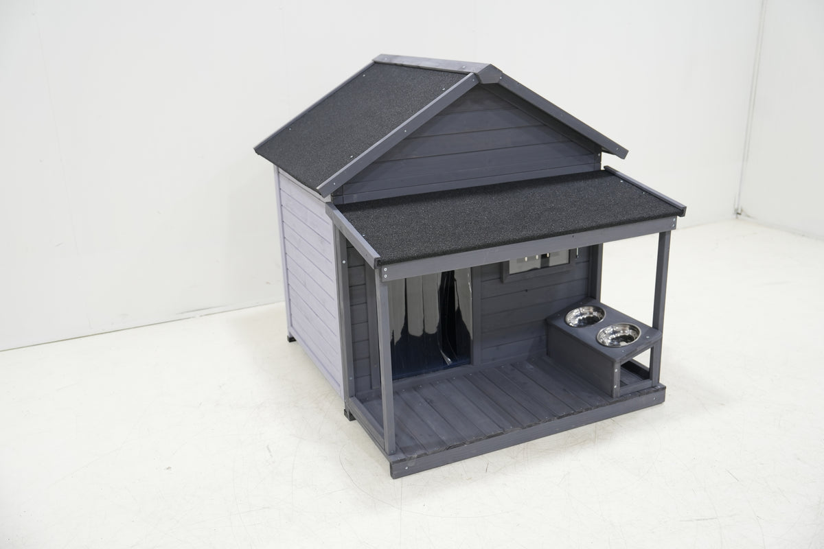 Large balcony dog house, length 44.2" x width 44.6 "x height 44.6" Solid wood asphalt roof dog house with large terrace, weatherproof large dog house, cleaning mat, feeding bowl
