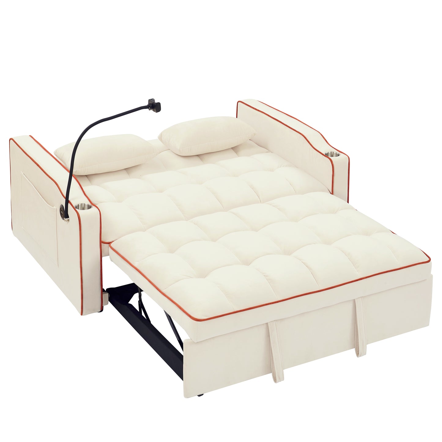 [SantaChoice] 55.51 inch versatile foldable sofa bed in 3 lengths, modern sofa sofa sofa velvet pull-out bed, adjustable back and with USB port and ashtray and swivel phone stand (Beige)