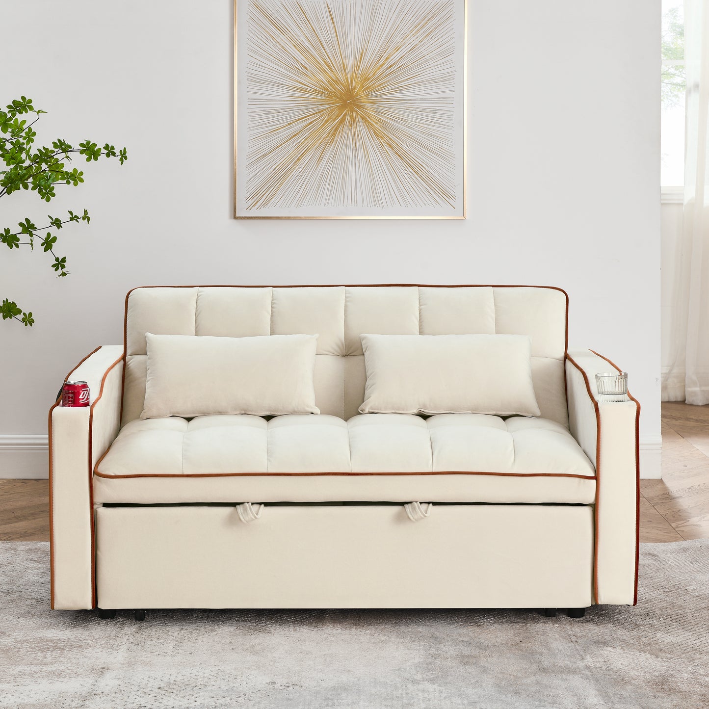 [SantaChoice] 55.51 inch versatile foldable sofa bed in 3 lengths, modern sofa sofa sofa velvet pull-out bed, adjustable back and with USB port and ashtray and swivel phone stand (Beige)