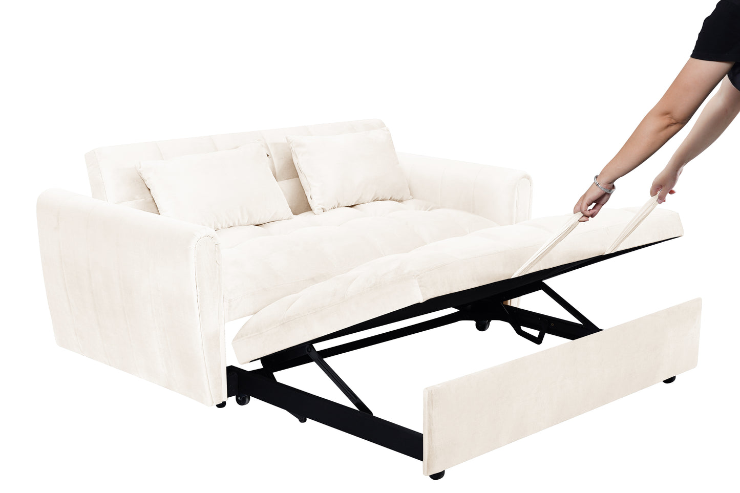 [SantaChoice] 64.9"3-in-1 foldable large size sofa bed, modern velvet double sofa, sofa bed with adjustable back, storage bag and pillow, suitable for living room, bedroom (beige)