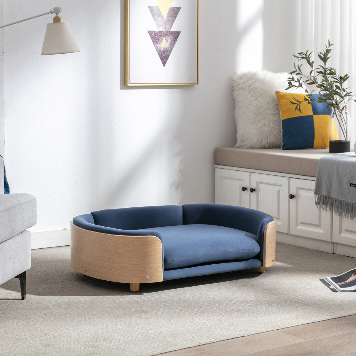 Scandinavian style Elevated Dog Bed Pet Sofa With Solid Wood legs and Bent Wood Back, Velvet Cushion,Large Size