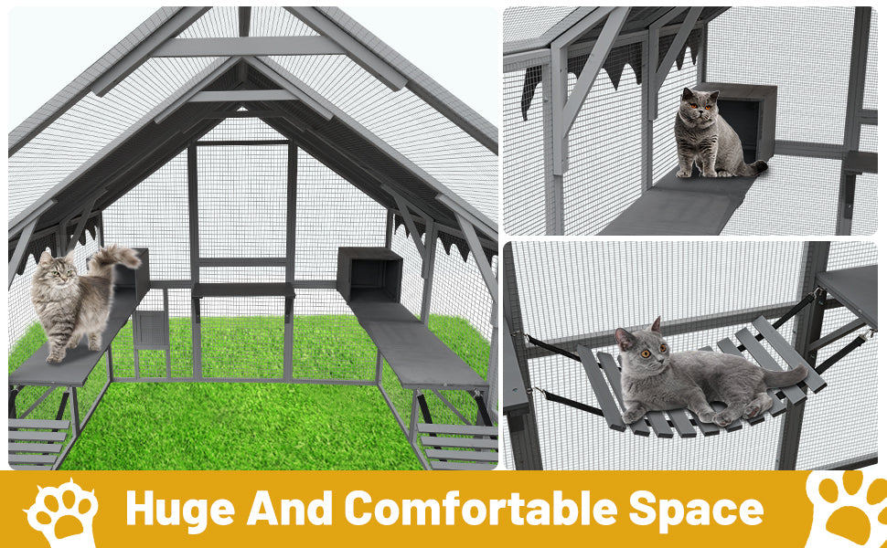 Outdoor Cat House Cat Enclosures 110" Large Kitten Playpen with Platforms,Upgrade Waterproof Cover-grey