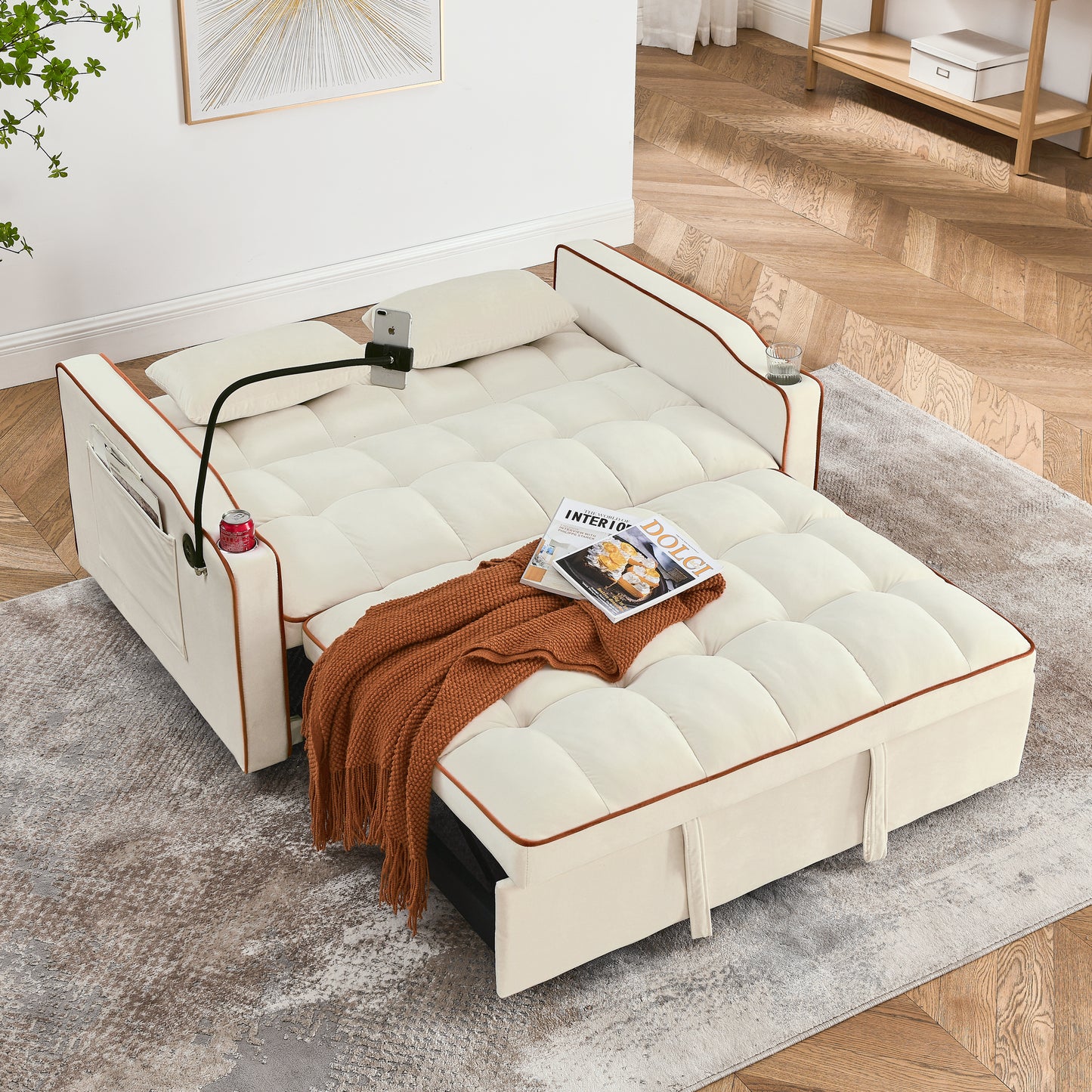 [SantaChoice] 55.51 inch versatile foldable sofa bed in 3 lengths, modern sofa sofa sofa velvet pull-out bed, adjustable back and with USB port and ashtray and swivel phone stand (Beige)