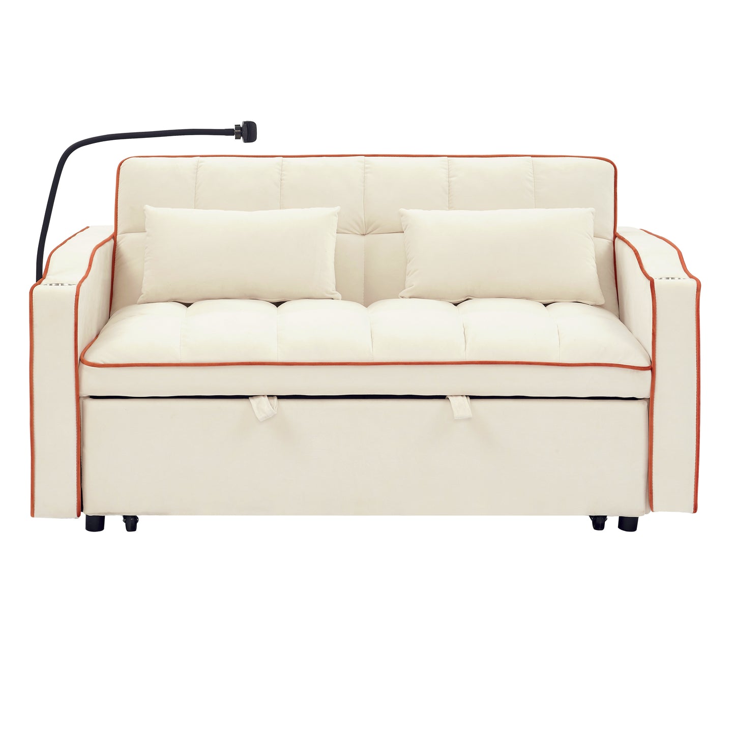 [SantaChoice] 55.51 inch versatile foldable sofa bed in 3 lengths, modern sofa sofa sofa velvet pull-out bed, adjustable back and with USB port and ashtray and swivel phone stand (Beige)