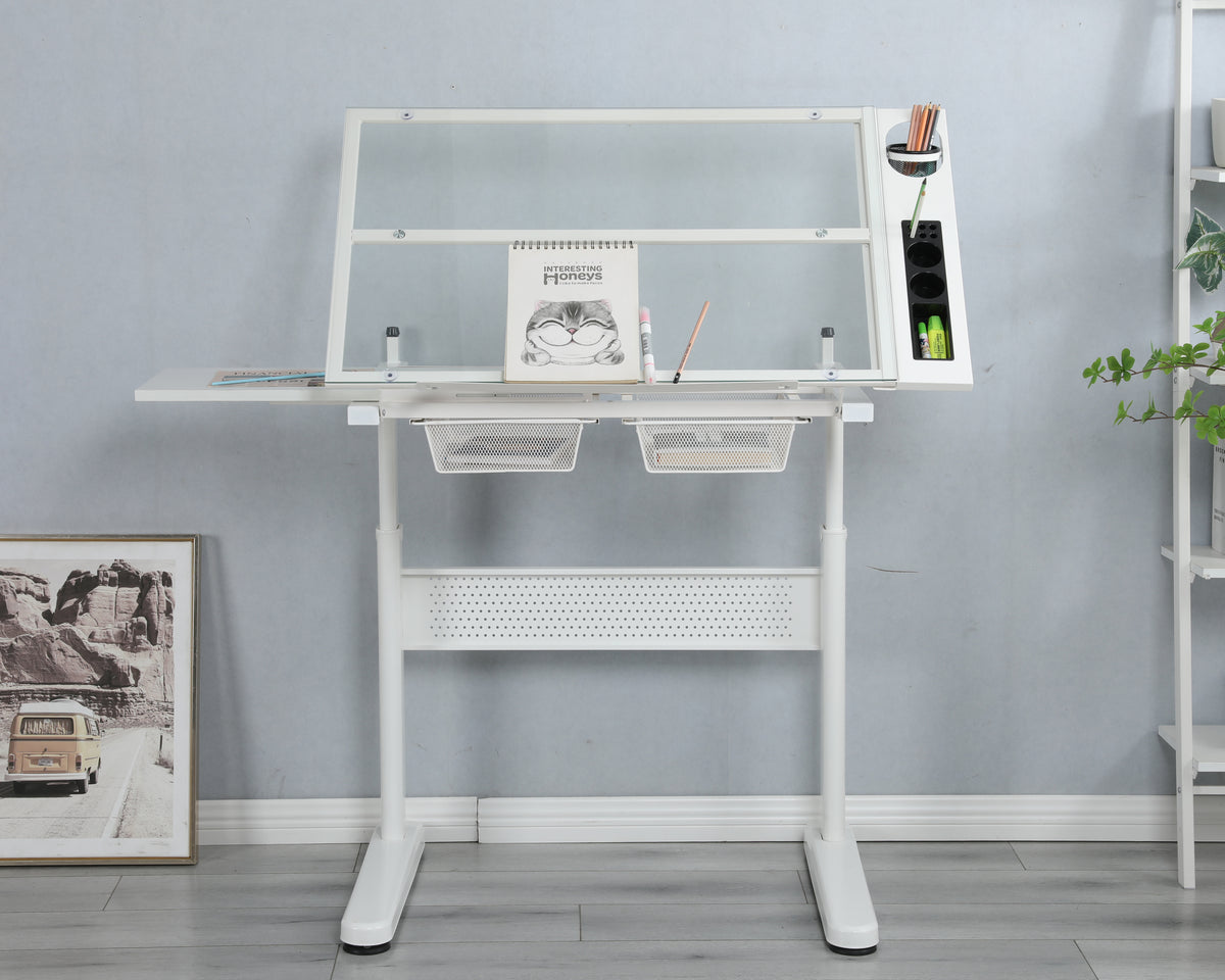 [SantaChoice] hand crank adjustable drafting table drawing desk with 2 metal drawers (white)WITH STOOL