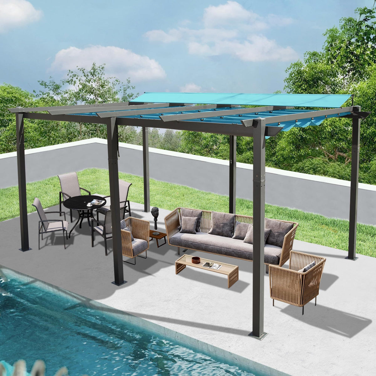 11 X 16 FT Outdoor Living Outdoor Retractable Pergola with Weather-Resistant Canopy Aluminum Garden Pergola Patio Grill Gazebo for Courtyard -Lake Blue