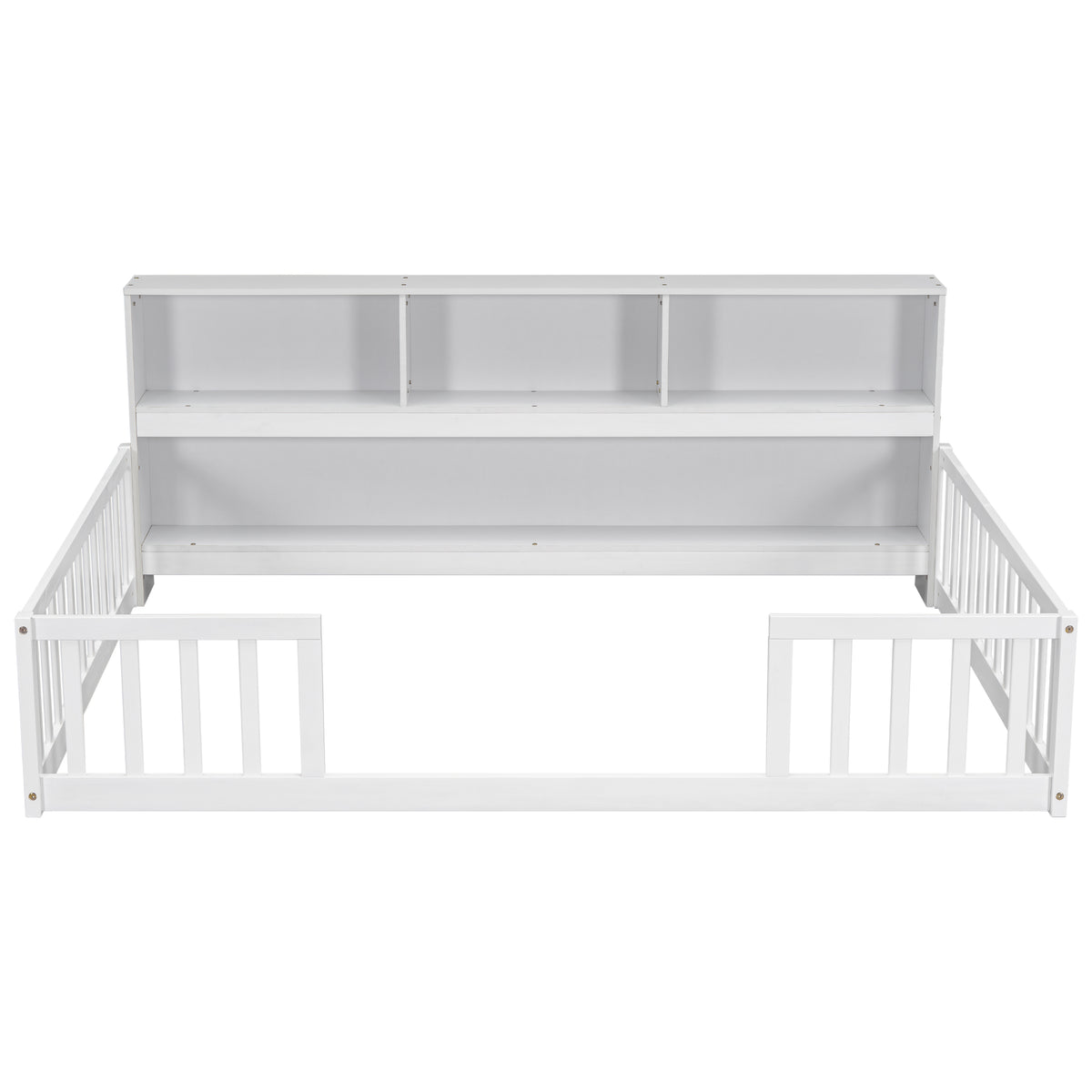 Full Floor Bed with Side Bookcase,Shelves,Guardrails,White