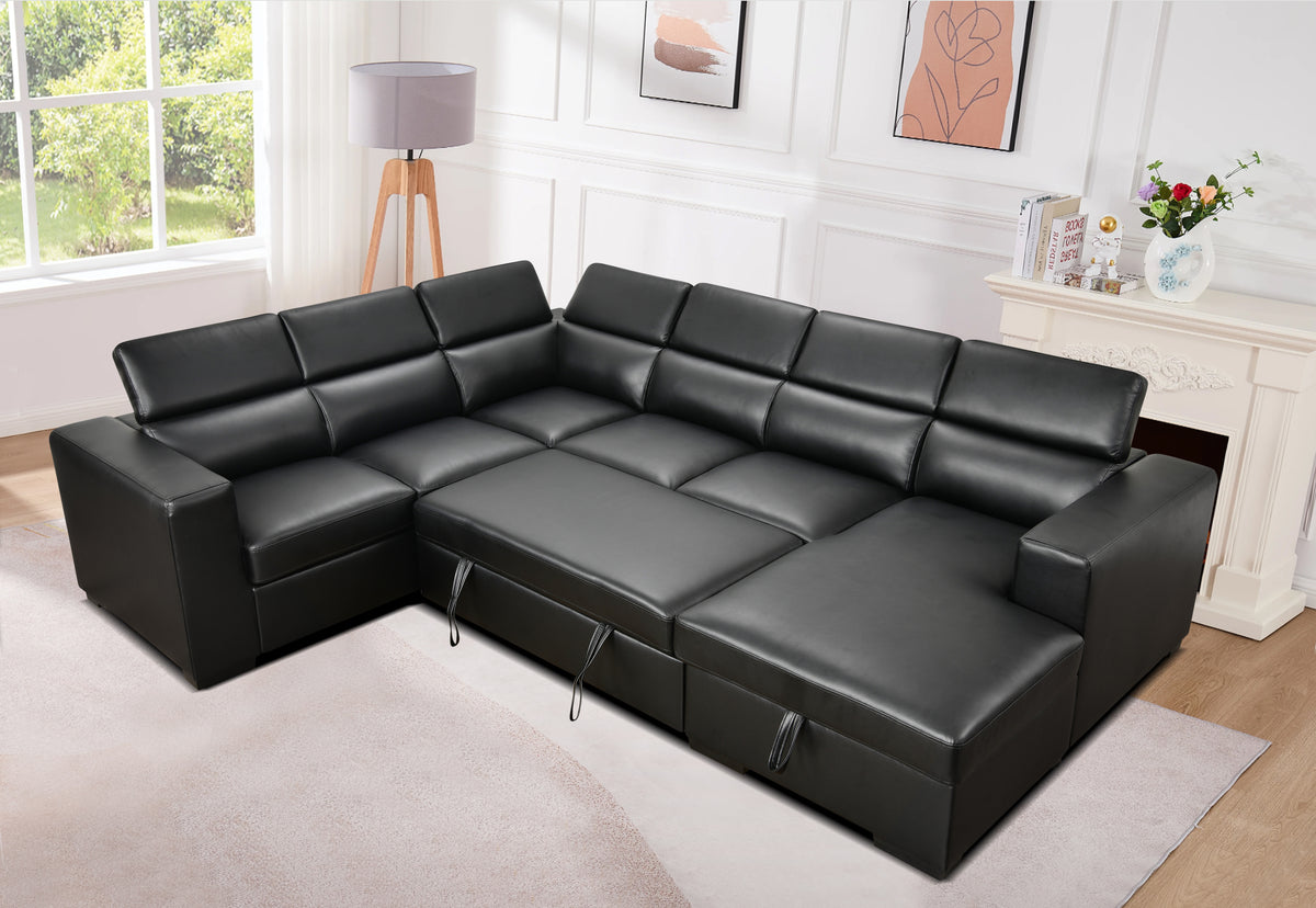 123" Modern U Shaped 7-seat Sectional Sofa Couch with Adjustable Headrest, Sofa Bed with Storage Chaise-Pull Out Couch Bed for Living Room ,Black