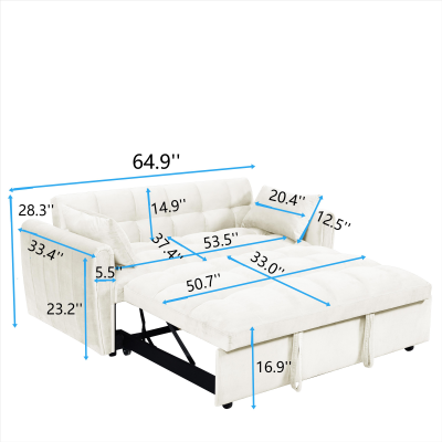 [SantaChoice] 64.9"3-in-1 foldable large size sofa bed, modern velvet double sofa, sofa bed with adjustable back, storage bag and pillow, suitable for living room, bedroom (beige)