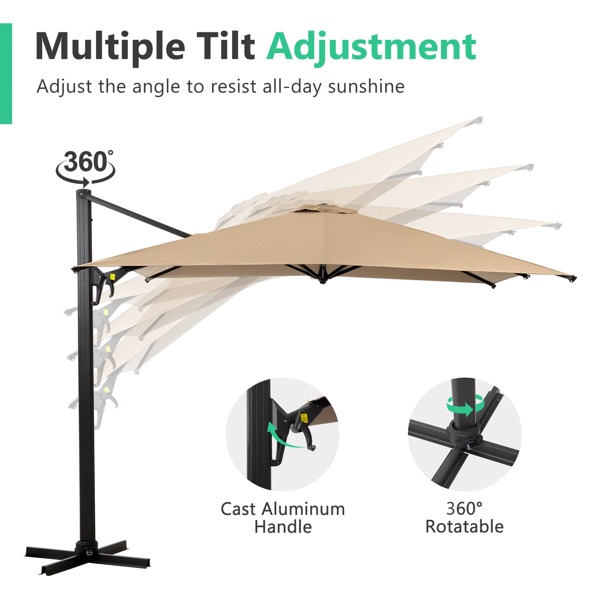 10 FT Cantilever Patio Umbrella with 360° Rotation & Tilt Adjustment, Square Outdoor Offset Umbrella with Aluminum Pole without base- Khaki