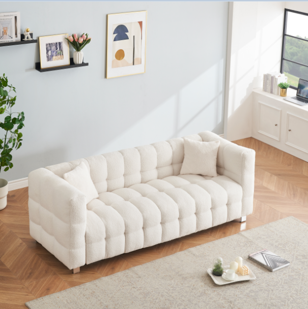 [SantaChoice] Sophisticated Comfort: Beige White Teddy Plush Sofa - 80 Inch, Perfect for Living Room or Bedroom, Includes Two Throw Pillows and Heavy-Duty Hardware Foot Support