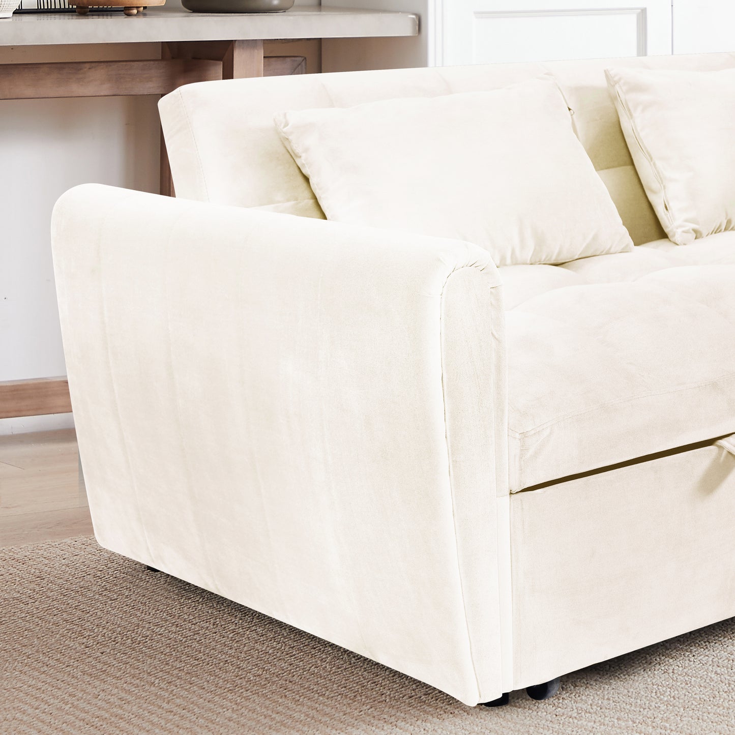 [SantaChoice] 64.9"3-in-1 foldable large size sofa bed, modern velvet double sofa, sofa bed with adjustable back, storage bag and pillow, suitable for living room, bedroom (beige)