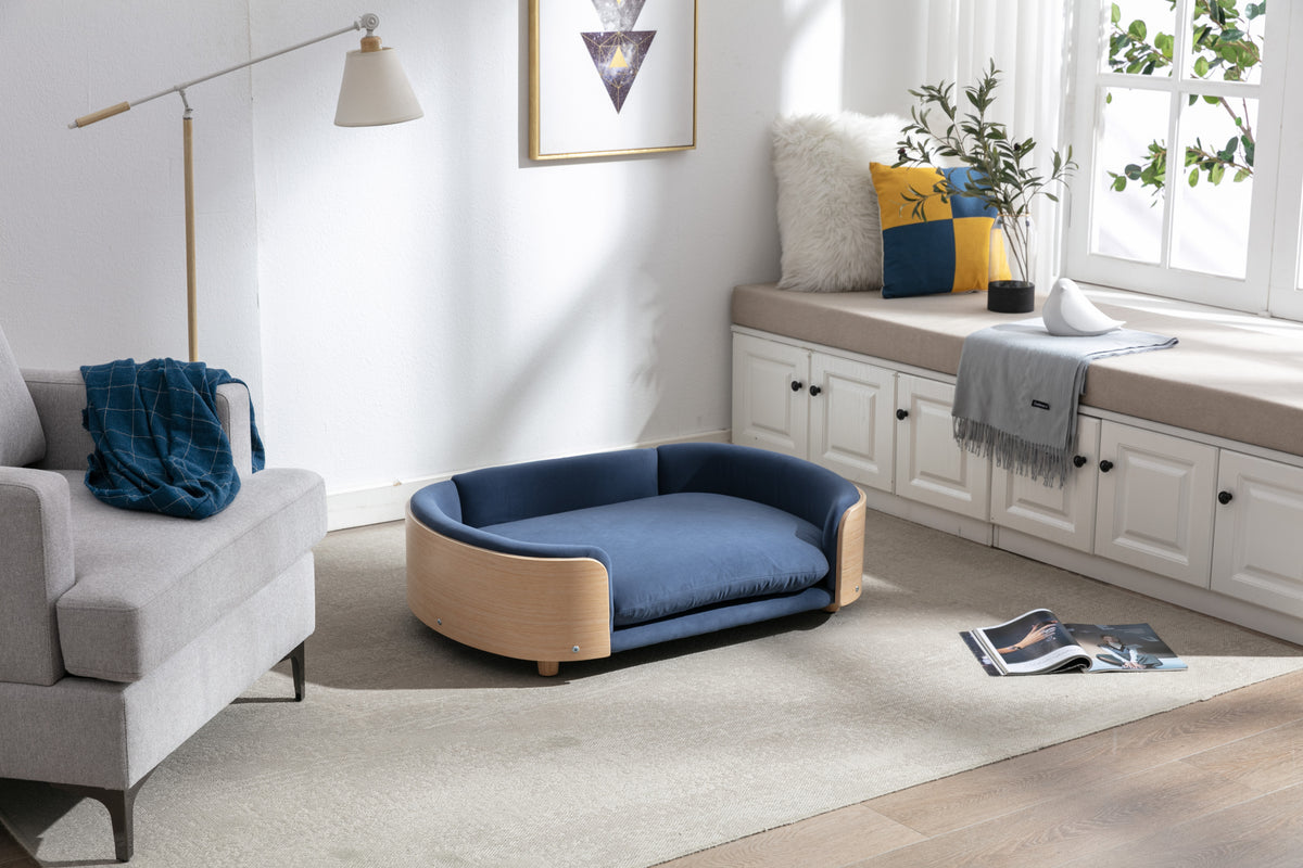 Scandinavian style Elevated Dog Bed Pet Sofa With Solid Wood legs and Bent Wood Back, Velvet Cushion,Large Size