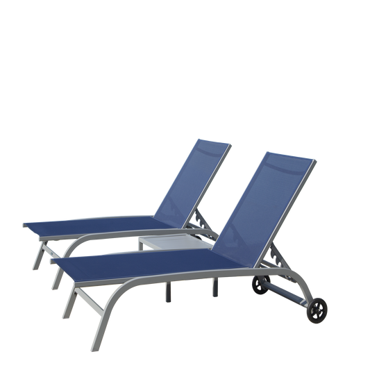 Chaise Lounge Outdoor Set of 3, Lounge Chairs for Outside with Wheels, Outdoor Lounge Chairs with 5 Adjustable Position, Pool Lounge Chairs for Patio, Beach(Blue, 2 Lounge Chairs+1 Table)
