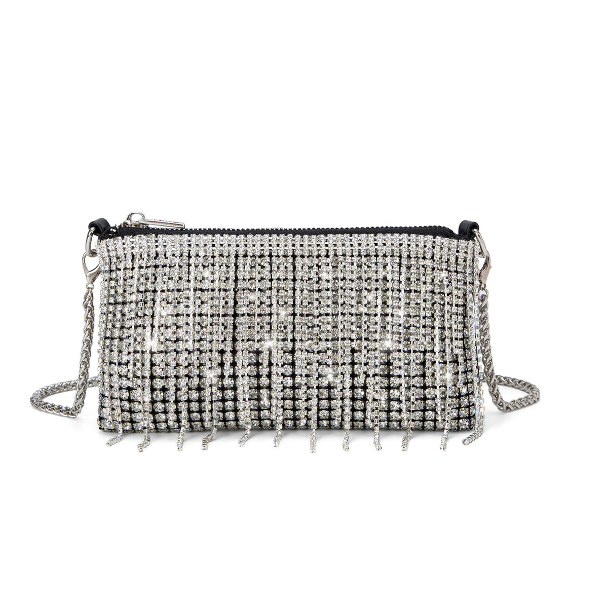 Women Sparkly Rhinestone Purse Tassel Crystal Diamond Crossbody Bag Small Silver Chain Clutch for Evening Prom Party