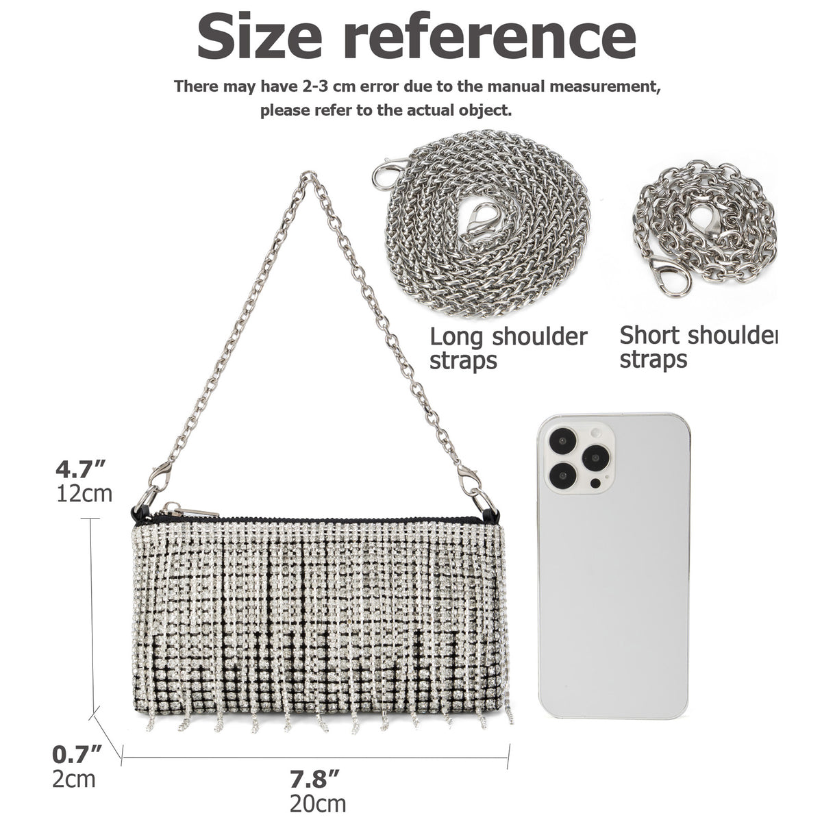 Women Sparkly Rhinestone Purse Tassel Crystal Diamond Crossbody Bag Small Silver Chain Clutch for Evening Prom Party