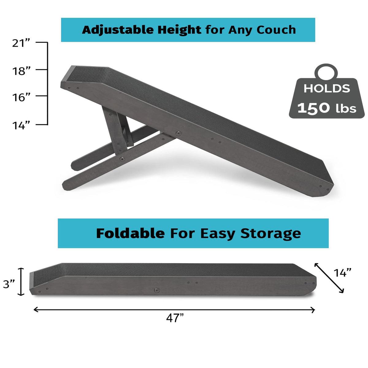 24" H 47" L  Adjustable Dog Ramp for Bed Small Dog & Large Dogs - Folding Dachshund Ramp Hardwood Pet Ramp for Couch with Platform Top & Anti-Slip Surface - Dog Ramps for Medium Dogs & Old Cats