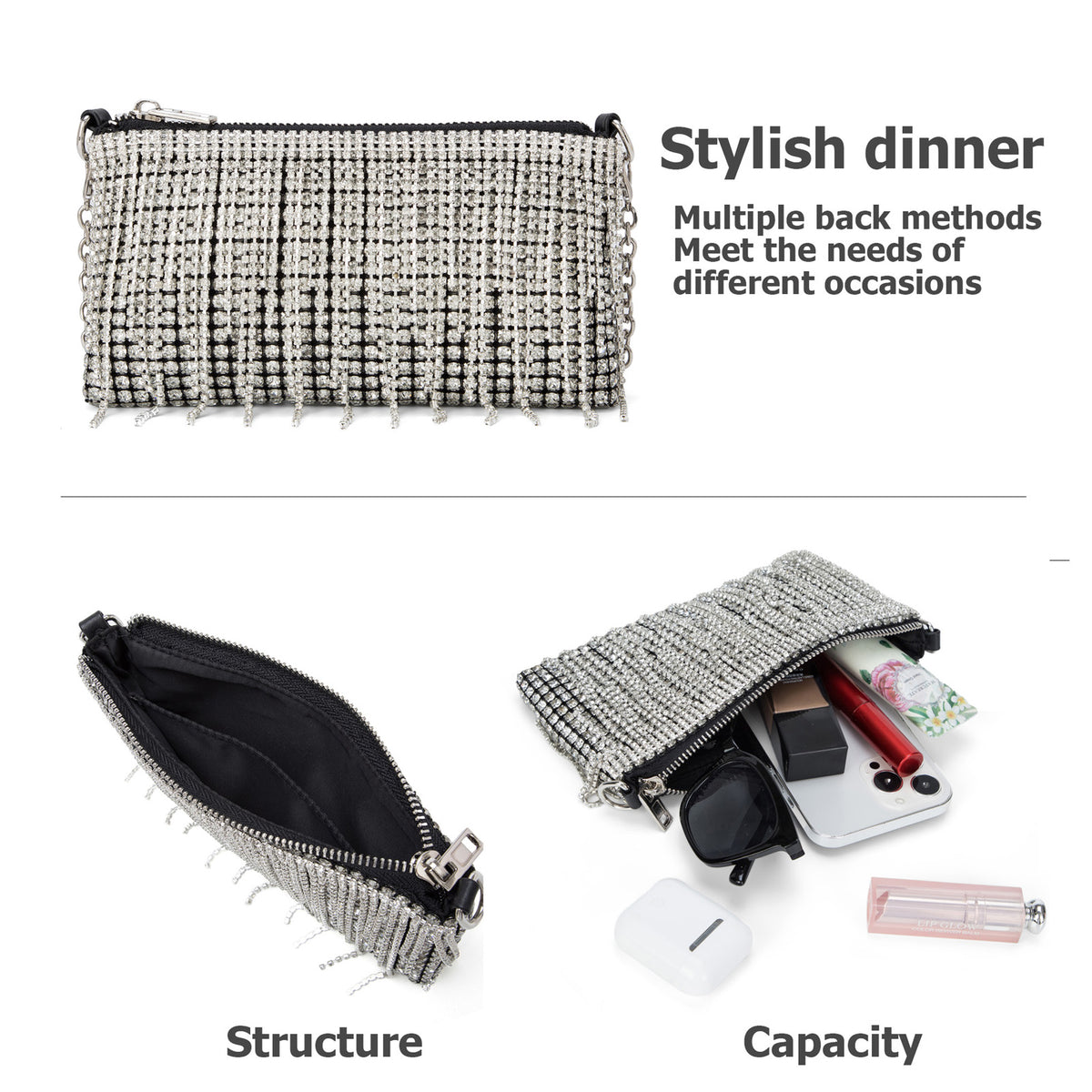 Women Sparkly Rhinestone Purse Tassel Crystal Diamond Crossbody Bag Small Silver Chain Clutch for Evening Prom Party