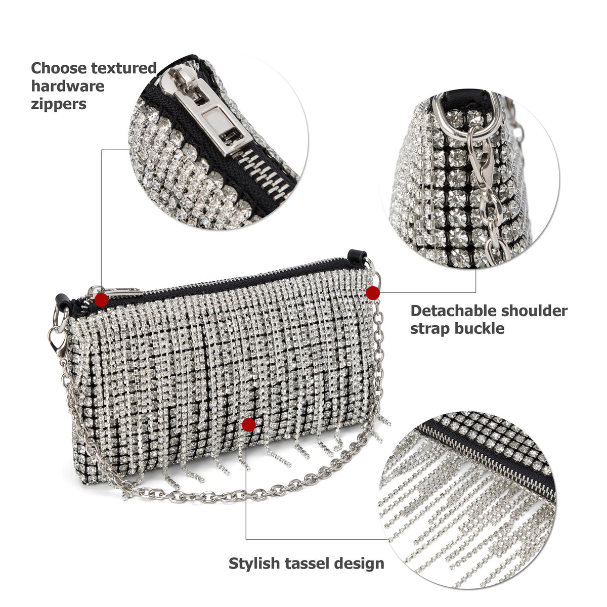 Women Sparkly Rhinestone Purse Tassel Crystal Diamond Crossbody Bag Small Silver Chain Clutch for Evening Prom Party
