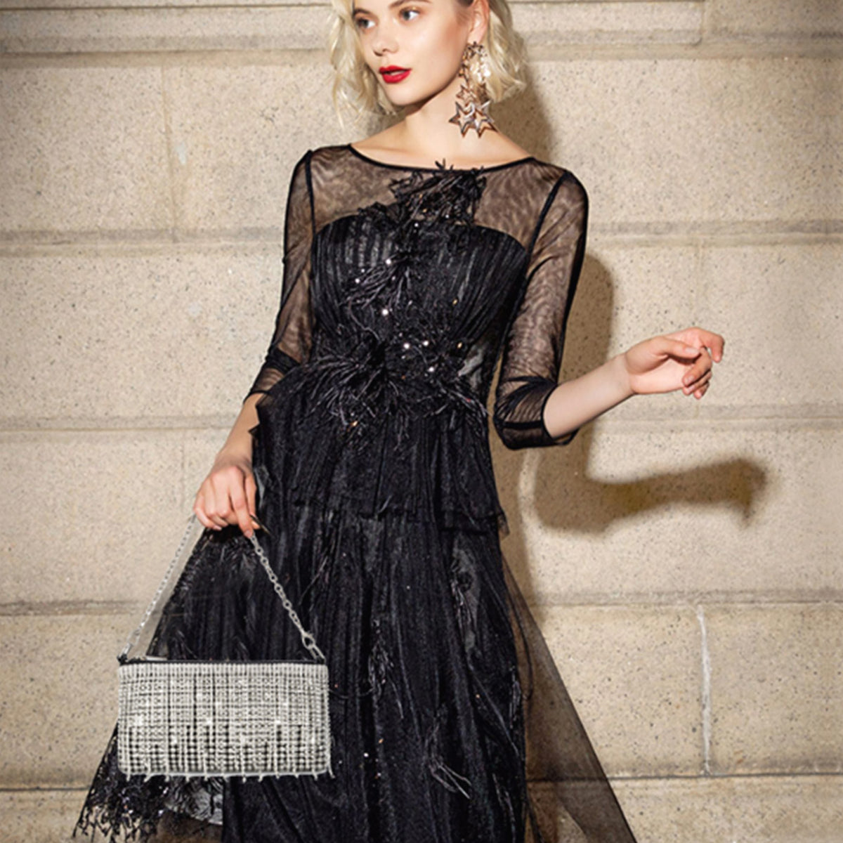 Women Sparkly Rhinestone Purse Tassel Crystal Diamond Crossbody Bag Small Silver Chain Clutch for Evening Prom Party
