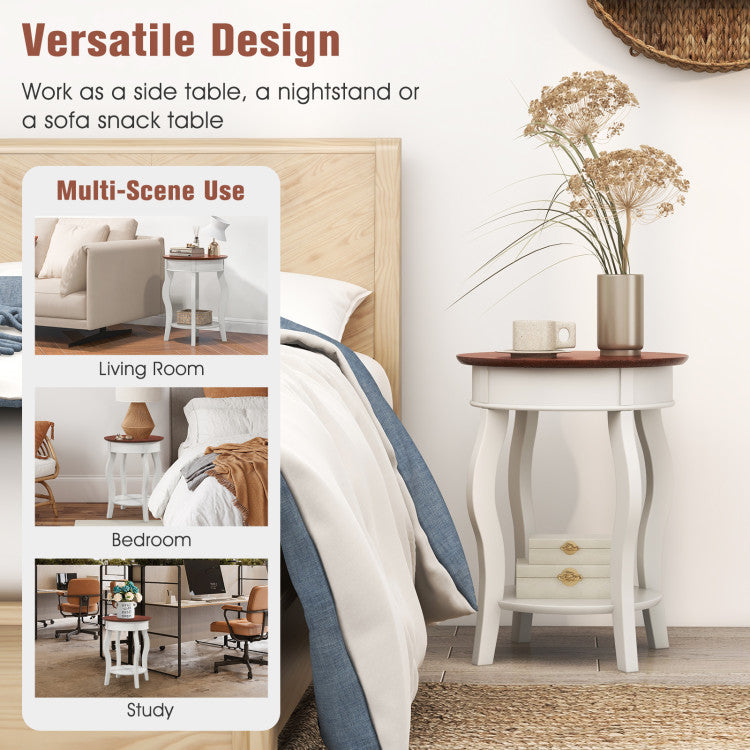 2-Tier Round End Table with Storage Shelf and Solid Rubber Wood Legs