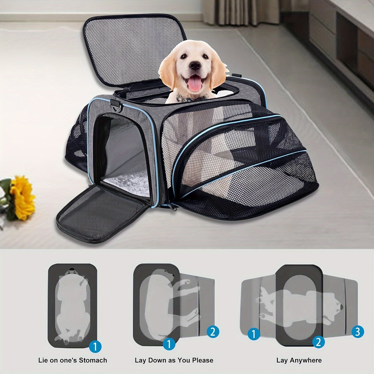 4 Way Expandable Pet Carrier, Airline Approved Collapsible Cat Soft-Sided Carriers W/Removable Fleece Pad For Cats, Puppy, Small Dogs