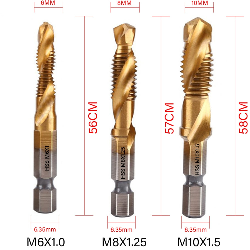 New Titanium Plated Hex Shank HSS Screw Thread Metric Tap Drill Bits Screw Machine Compound M3 M4 M5 M6 M8 M10 Hand Tools