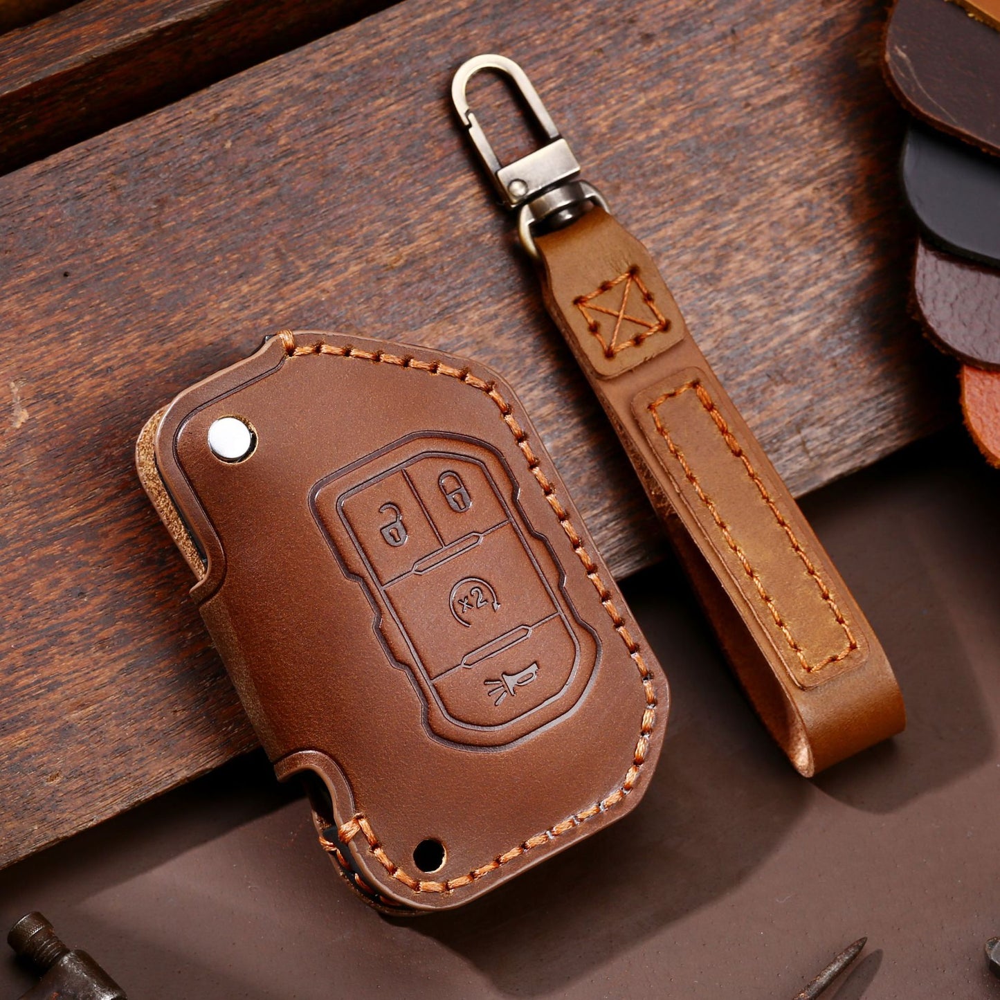 New Luxury Leather Car Key Case Cover Fob Accessories for Jeep Wrangler 4 Button 2018 2019 JL JLU Flip Keychain Holder Keyring