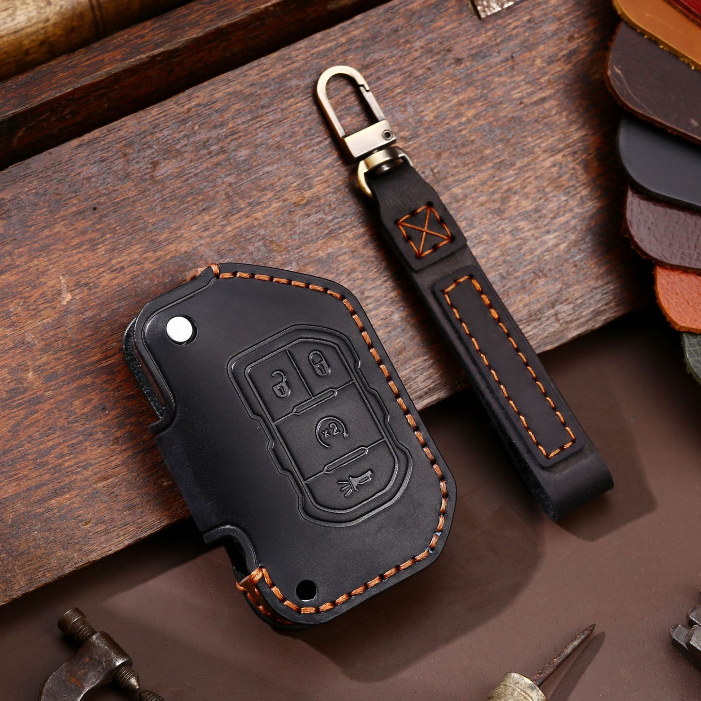 New Luxury Leather Car Key Case Cover Fob Accessories for Jeep Wrangler 4 Button 2018 2019 JL JLU Flip Keychain Holder Keyring
